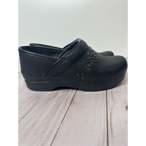 Dansko Black Leather Clogs Silver Metallic Bead Studded Floral Design - Picture 1 of 7